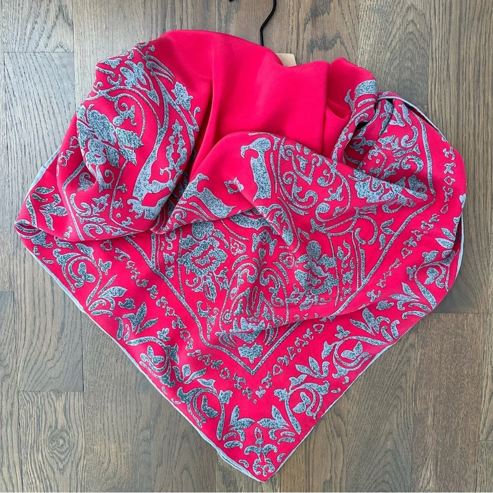 Anthropologie Vintage 100% Silk Paisley Printed Square Scarf Pink and Grey 40